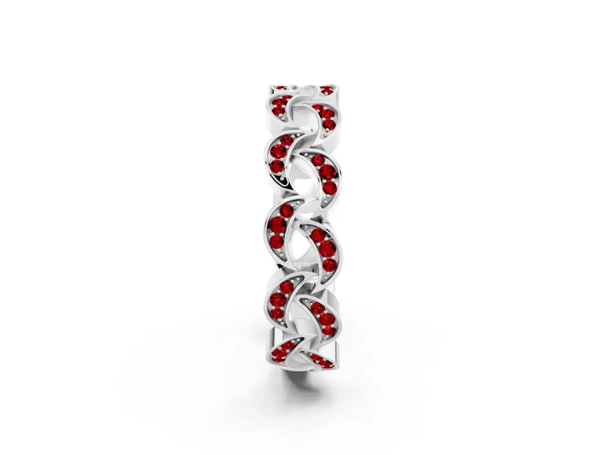 Pavé Round Ruby Interlocking Eternity Band with Bezel Prong Setting Platinum