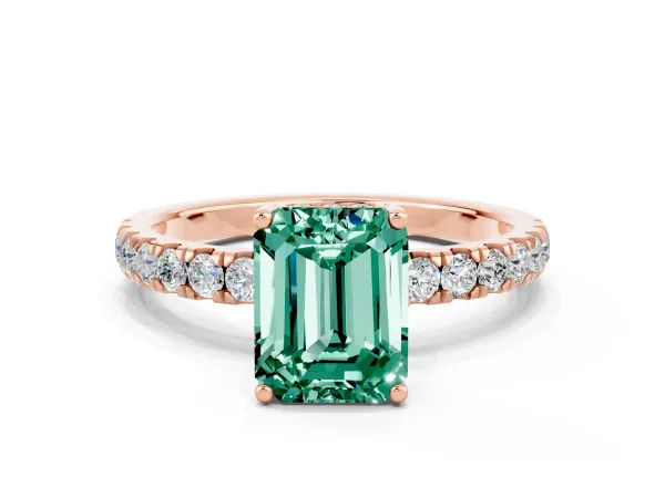 Emerald Cut Green Sapphire Pave Band Solitaire Ring with Round and Prong Setting Rose gold