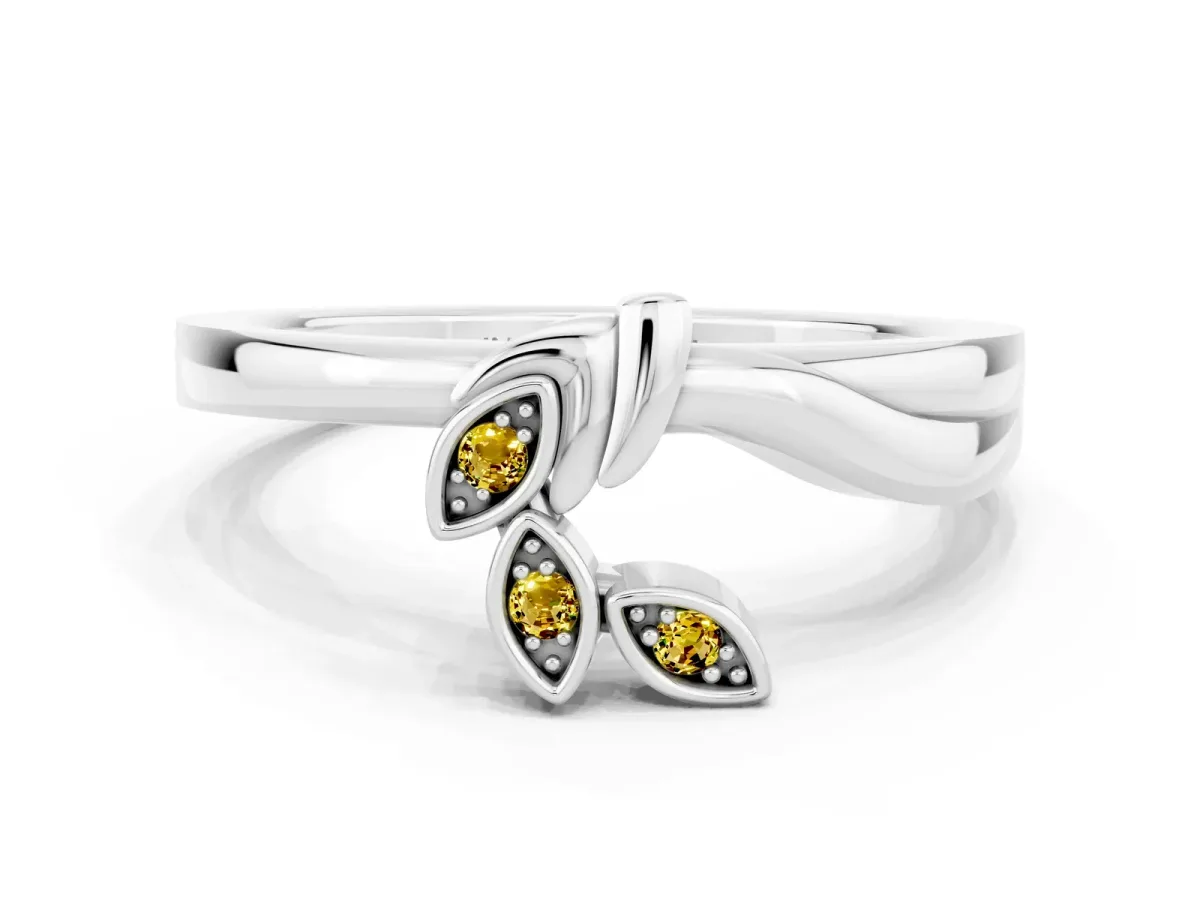 Three-Stone Round Yellow Sapphire Leaf Bypass Ring with Bezel Setting Platinum