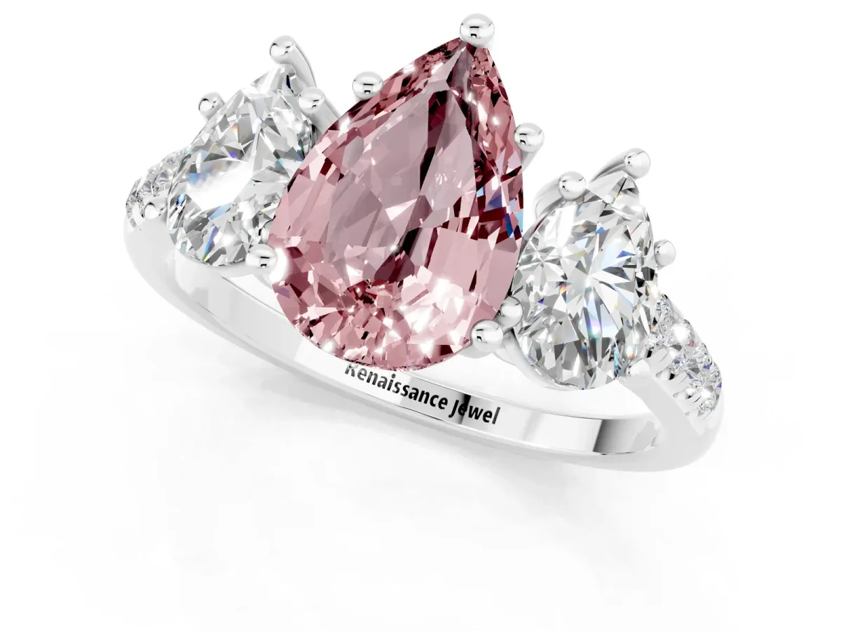 Three-Stone Pear Cut Morganite Ring with Round Pavé Band and Prong Setting Silver
