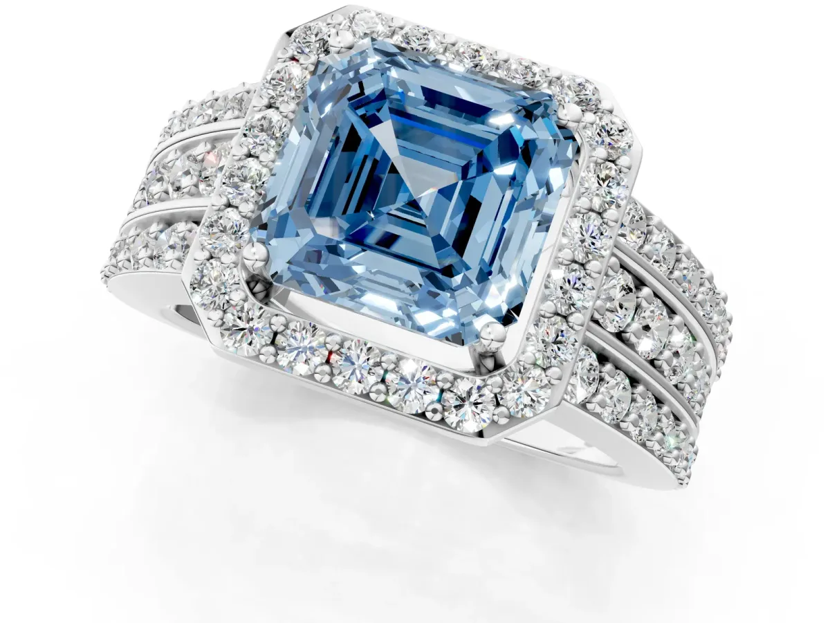 Fancy Blue Asscher Cut Halo Diamond Ring with Round Split Shank and Prong Setting Platinum