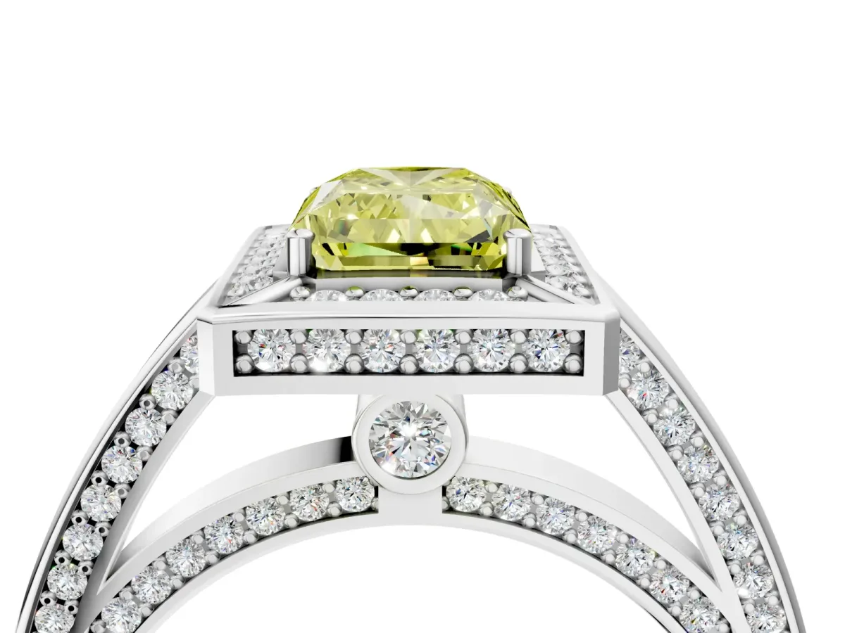 Fancy Yellow Radiant Cut Cut Halo Pave Split Shank Prong Setting Ring Platinum