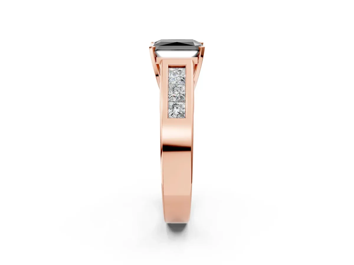 Fancy Black Radiant Cut Cut Channel Set Solitaire Ring with Four-Prong Setting Rose gold