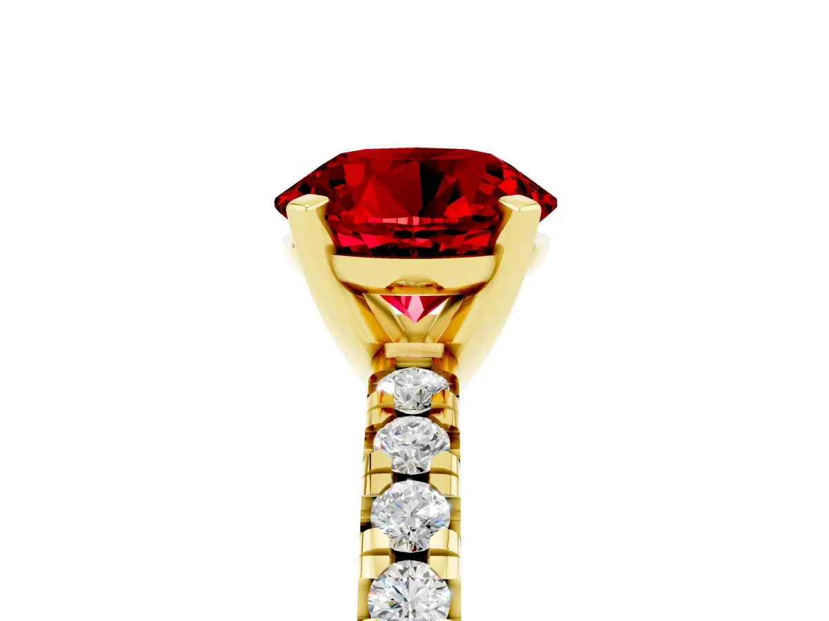 Round Cut Ruby Solitaire Pavé Engagement Ring with Round Band and Prong Setting Yellow gold
