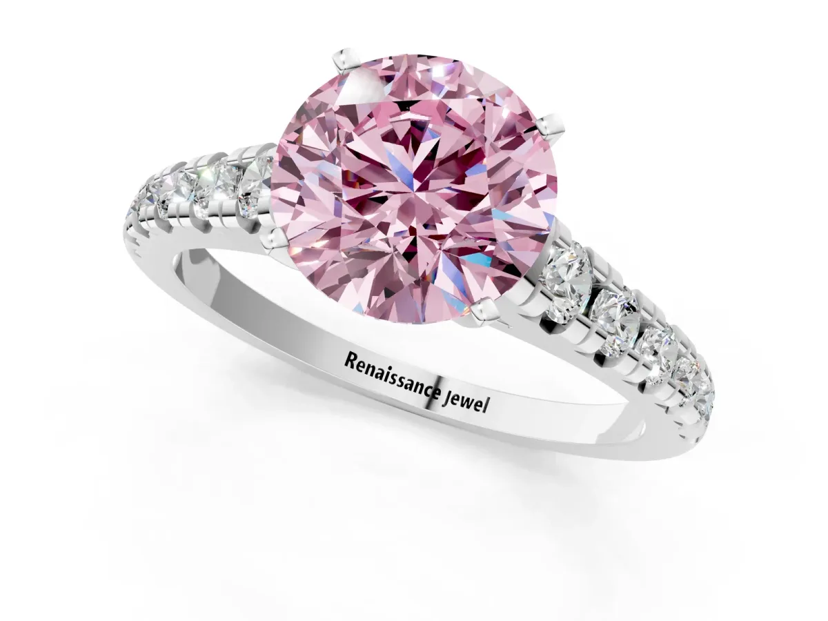 Fancy Pink Round Cut Diamond Cathedral Solitaire Ring with Round Pavé Band Silver