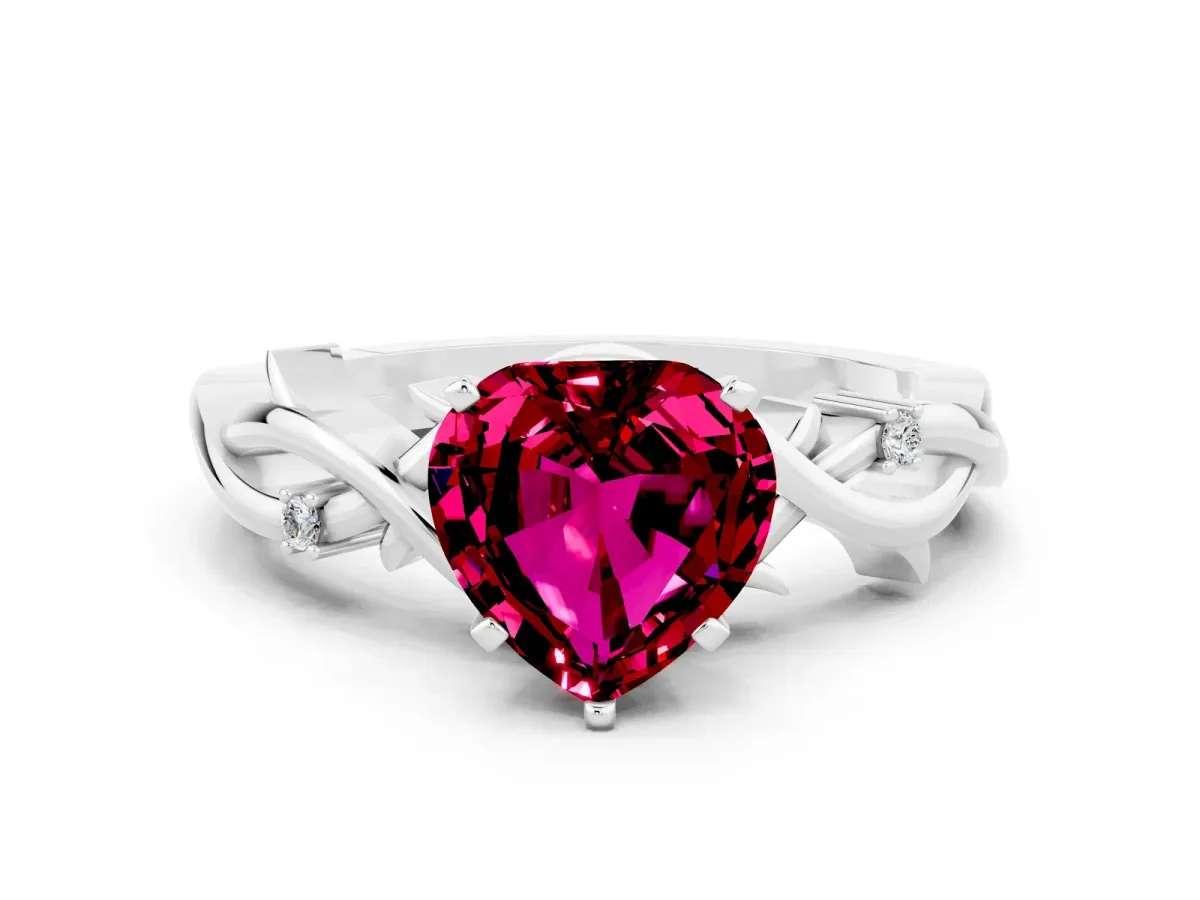 Heart Cut Garnet Solitaire Ring with Twisted Band and Prong Setting Platinum
