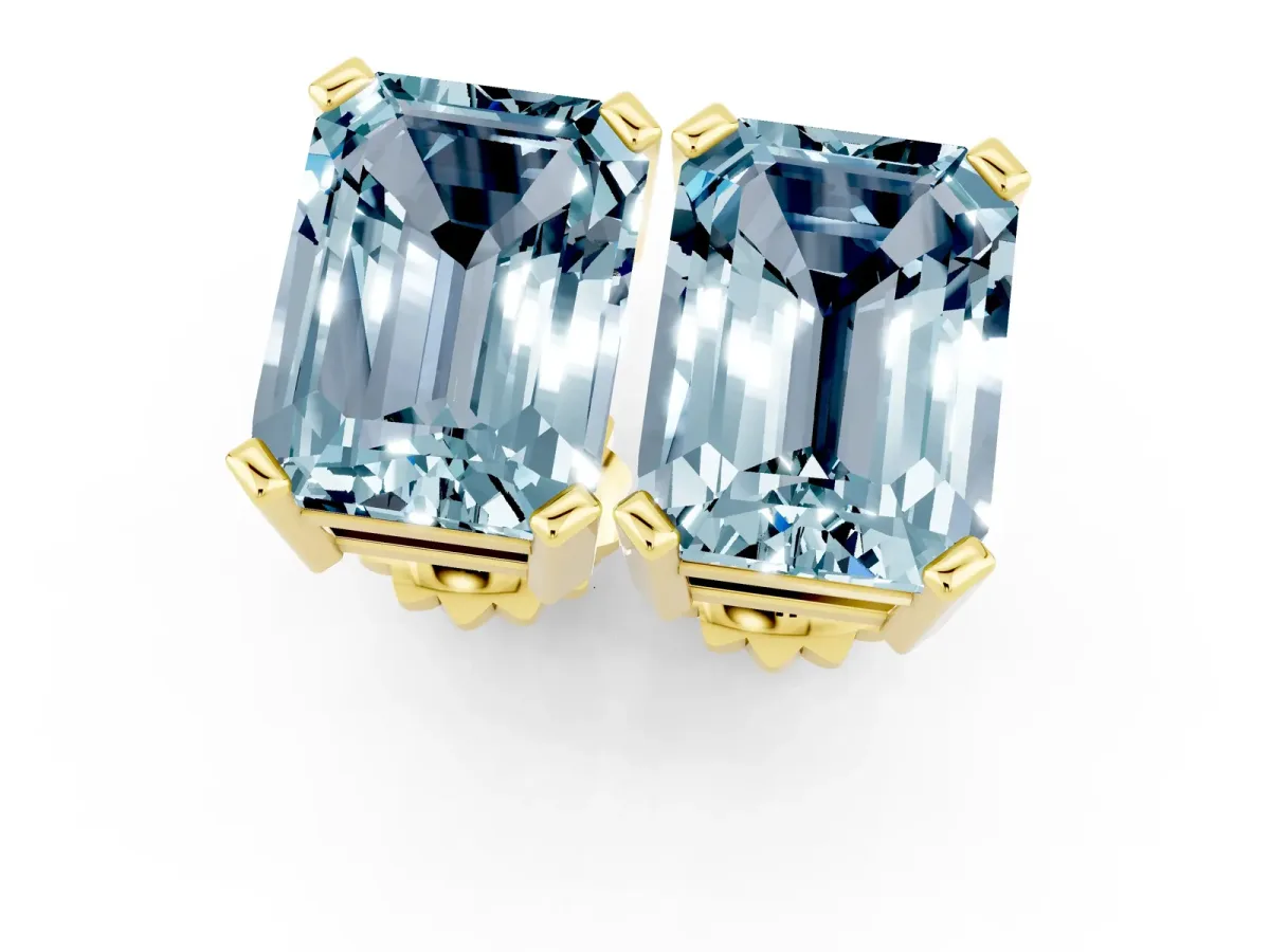 Emerald Cut Aquamarine Stud Earrings Yellow gold