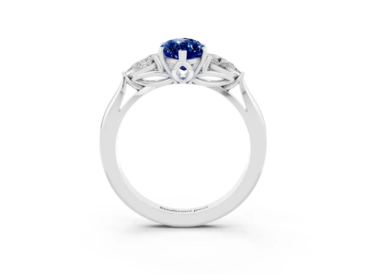 Marquise Cut Blue Sapphire Three-Stone Ring with Pear Side Stones and Prong Setting Silver
