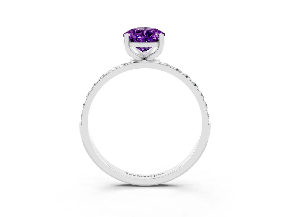 Pear Cut Amethyst Solitaire Ring with Round Pavé Band and Prong Setting Platinum