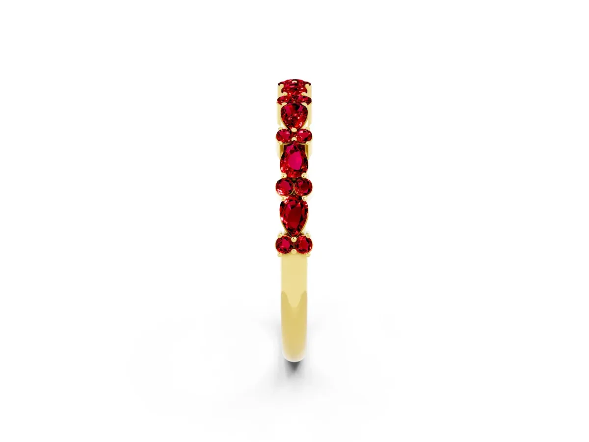 Pear and Round Ruby Wedding Band Yellow gold