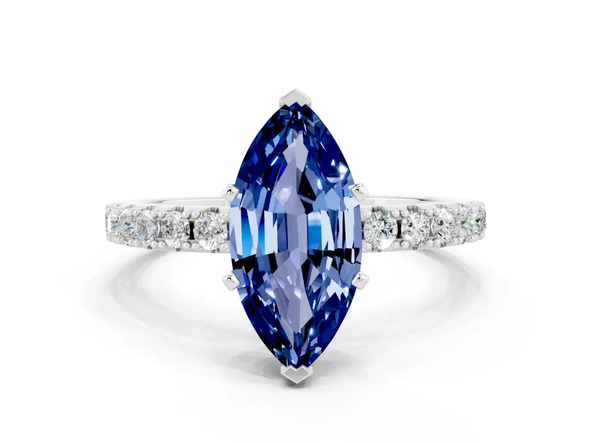 Marquise Cut Blue Sapphire Solitaire Pavé Band with Four-Prong Setting Silver