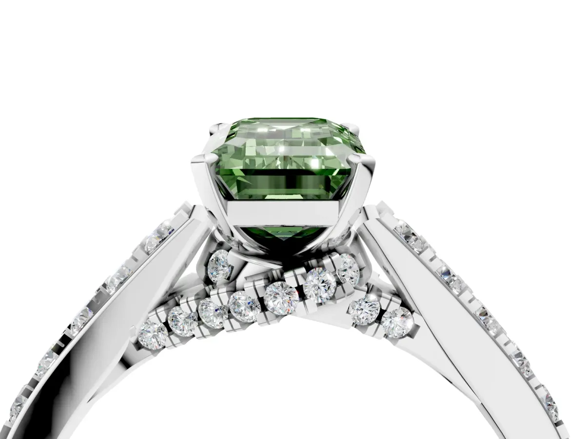 Fancy Green Emerald Cut Diamond Solitaire Ring with Crossover Gallery and Round Pavé Band Silver