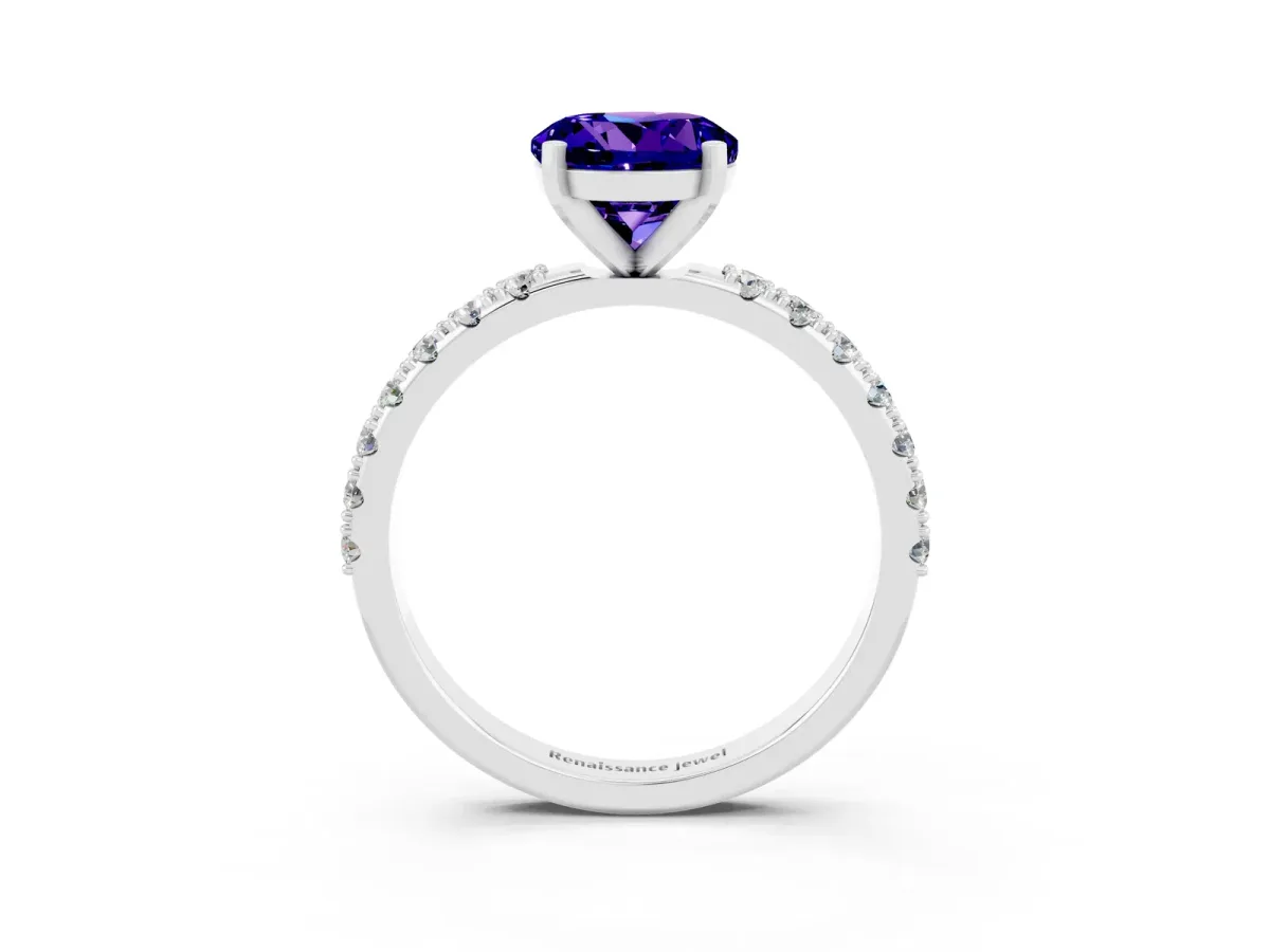 Round Cut Tanzanite Solitaire Pavé Band with Four-Prong Setting Silver