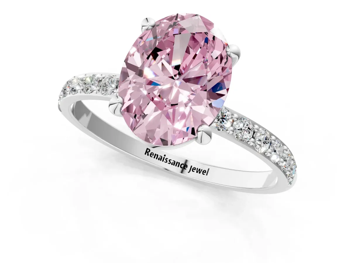 Fancy Pink Oval Cut Diamond Solitaire Ring with Round Pavé Band and Prong Setting Silver
