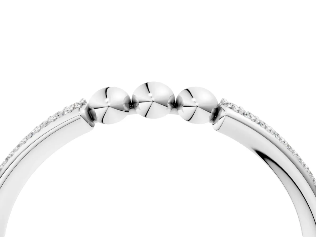 Pave Round Diamond Beaded Band with Shared Prong Setting Silver