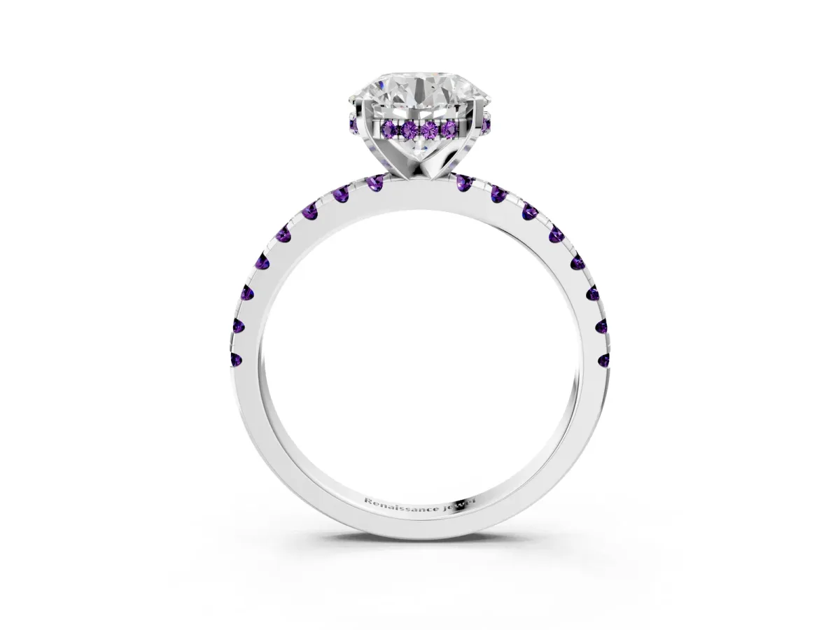 Round Cut Diamond Solitaire Ring with Round Amethyst Pavé Band and Four-Prong Setting Silver