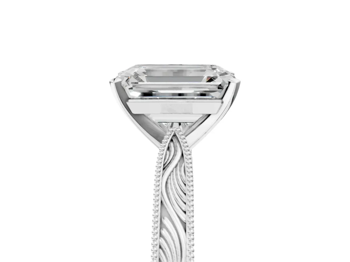 Emerald Cut Solitaire Milgrain Engraved Band with Four-Prong Setting White gold