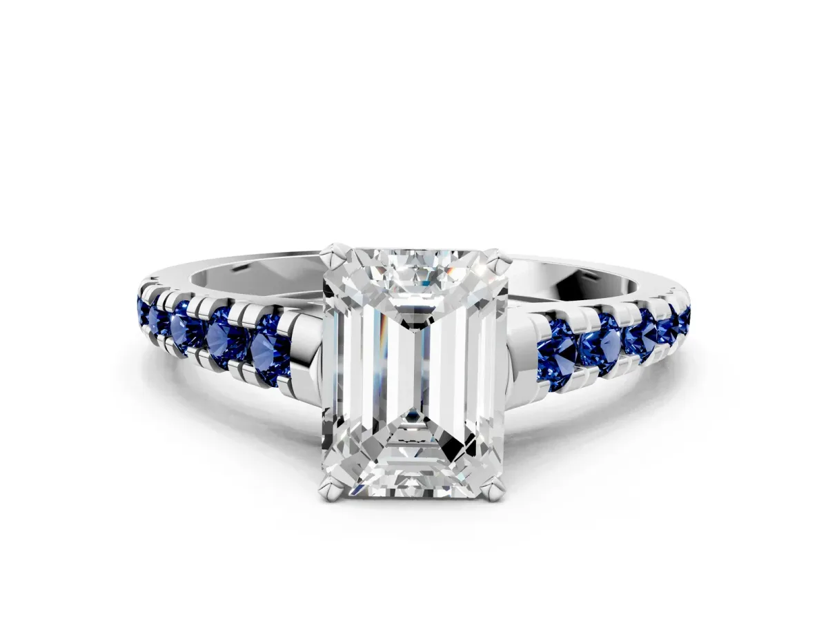 Emerald Cut Diamond Cathedral Solitaire Ring with Round Blue Sapphire Pavé Band Silver