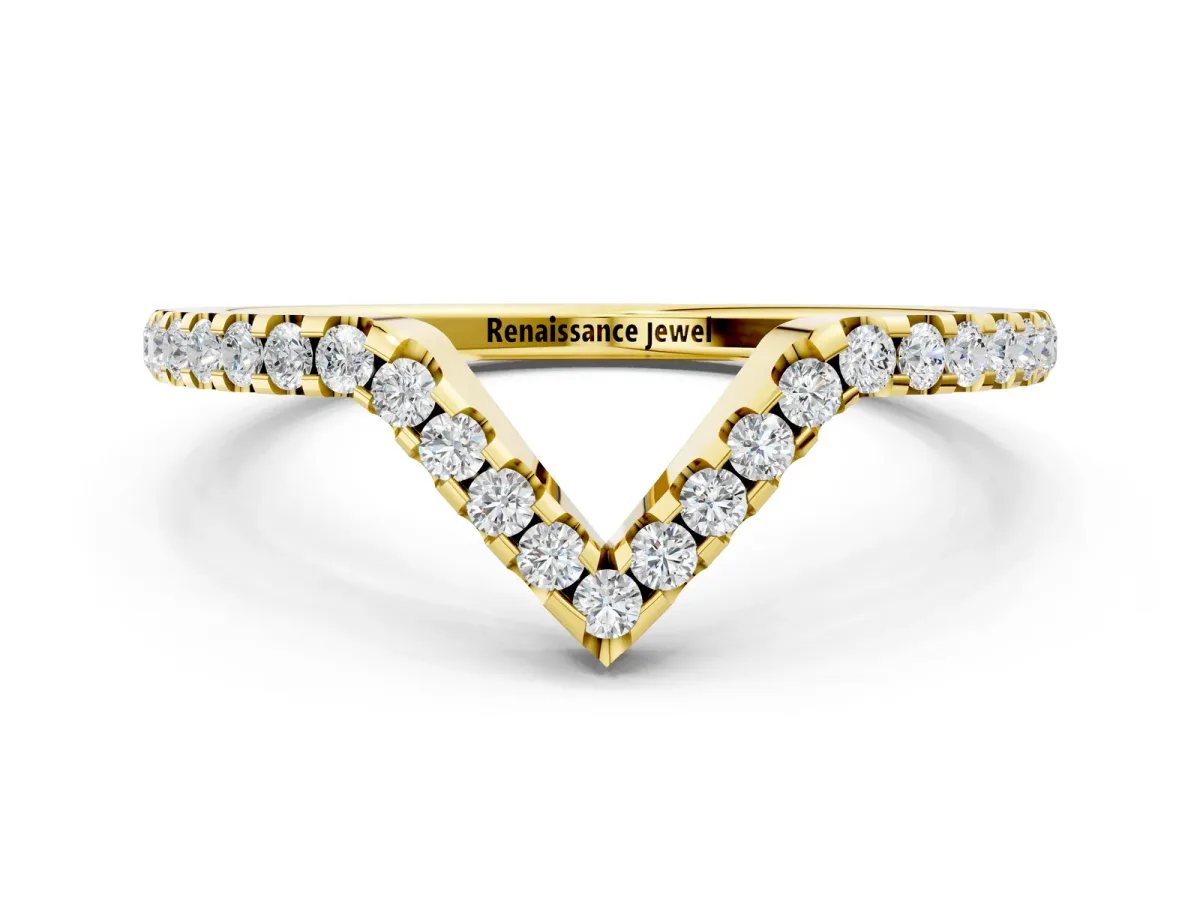 V-Shaped Pavé Round Diamond Chevron Band with Shared Prong Setting Yellow gold