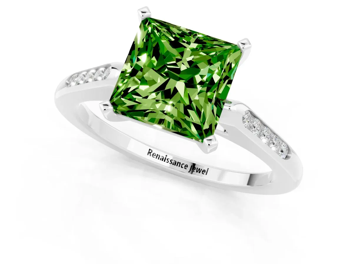 Princess Cut Peridot Solitaire Ring with Channel Set Round Band and Prong Setting Silver