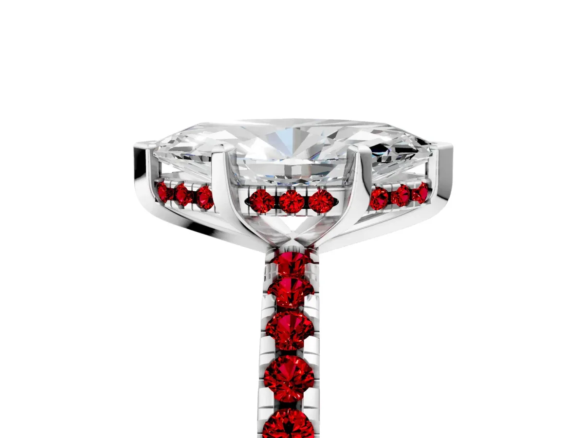 Marquise Cut Diamond Solitaire Ring with Round Ruby Pavé Band and Four-Prong Setting Silver