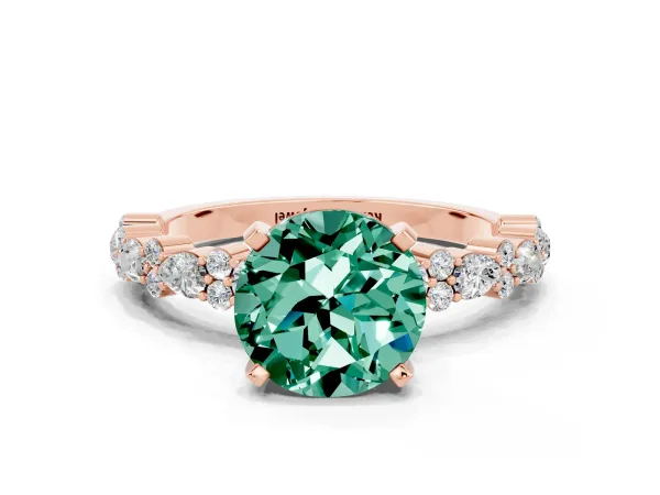 Round Cut Green Sapphire Side Stone Solitaire Ring with Round and Four-Prong Setting Rose gold