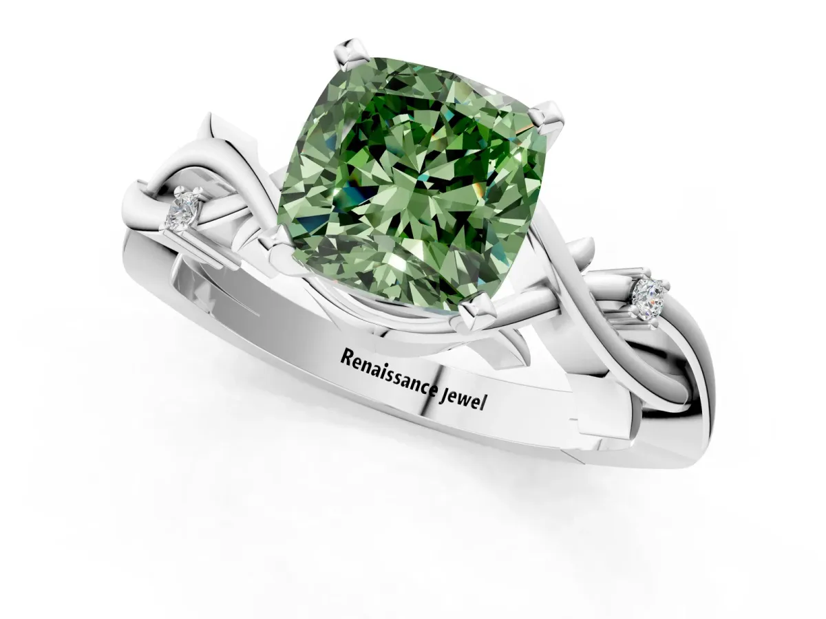 Fancy Green Cushion Cut Diamond Solitaire Ring with Twisted Band and Prong Setting Silver
