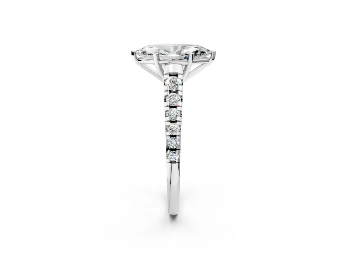 Marquise Cut Diamond Cathedral Solitaire Ring with Round Pavé Band Platinum