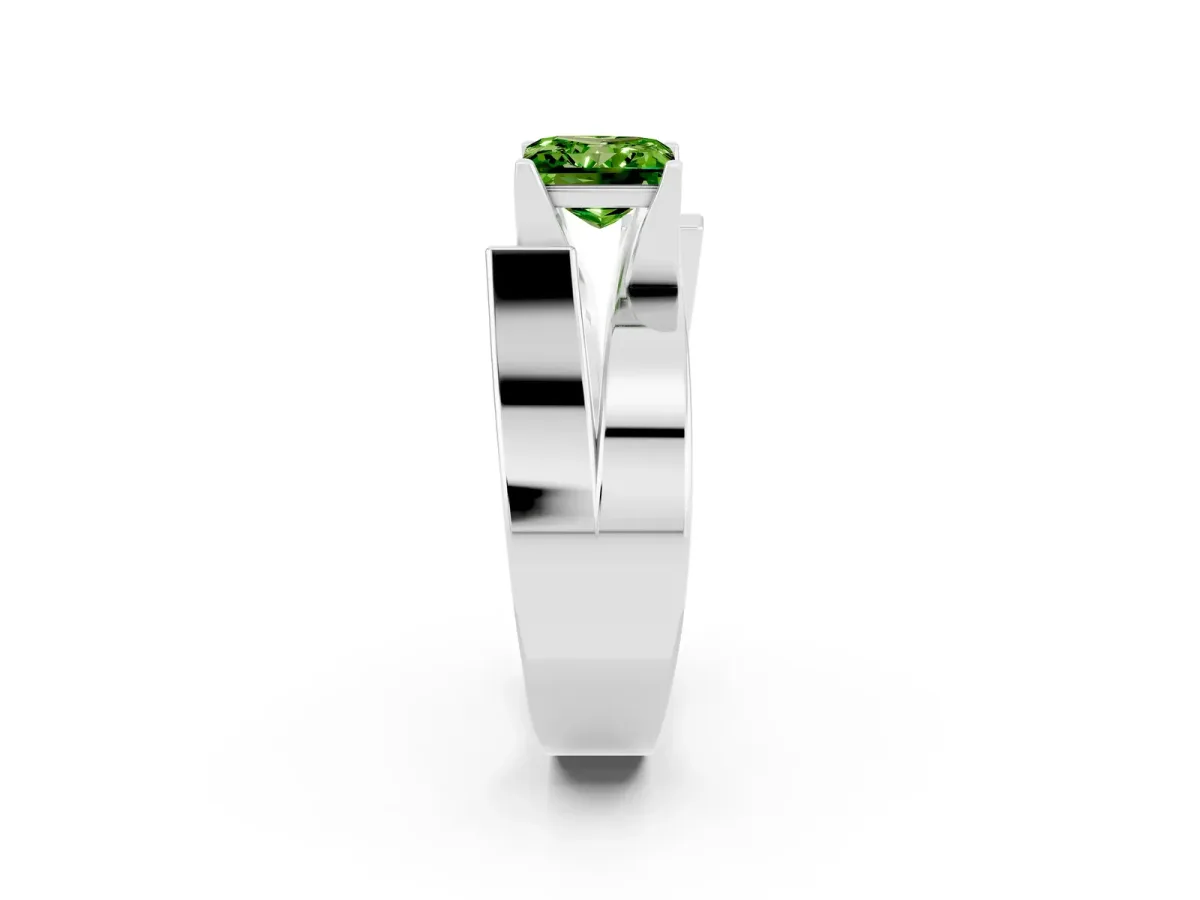 Modern Tension Set Princess Cut Peridot Solitaire Wide Band Ring Silver