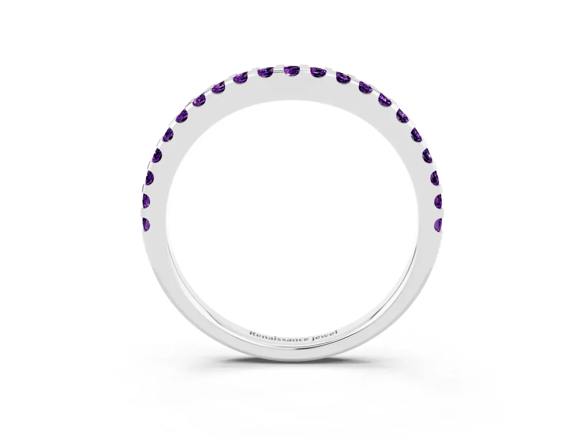 Round Amethyst Pavé Curved Wedding Band Platinum