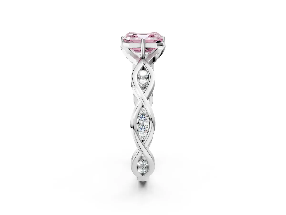 Fancy Pink Asscher Cut Solitaire Twist Band with Leaf Prong Setting Platinum