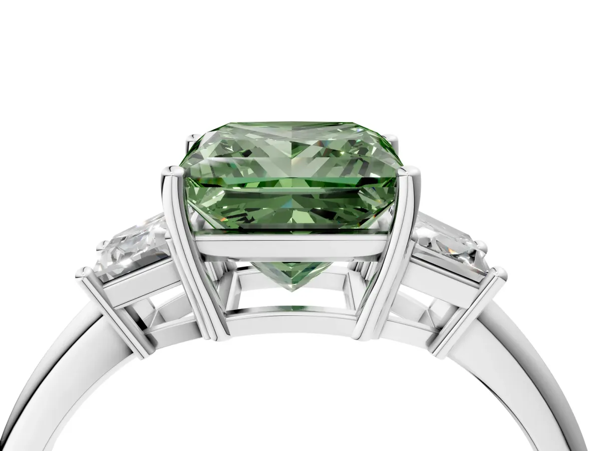 Fancy Green Princess Cut Diamond Three-Stone Ring with Trapezoid Side Stones and Prong Setting Silver
