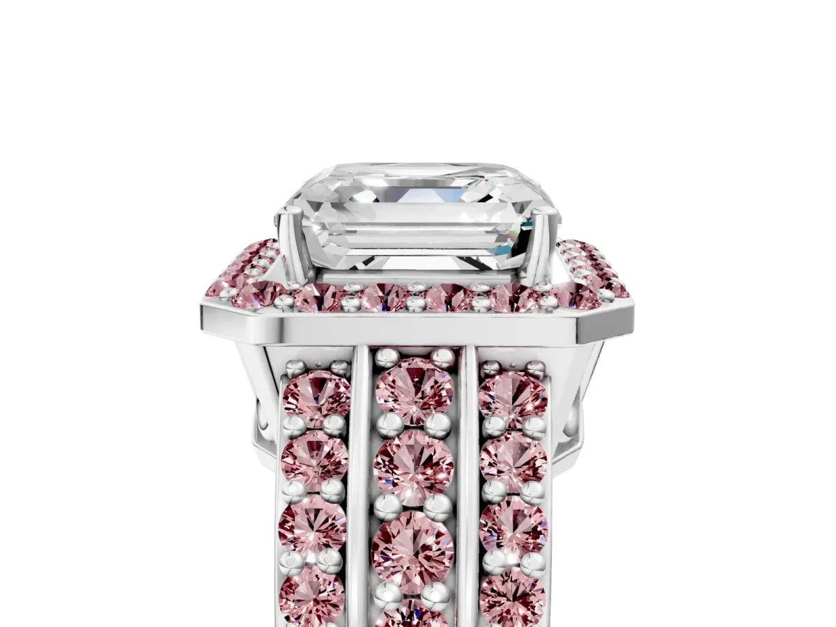 Asscher Cut Halo Diamond Ring with Round Morganite Split Shank and Prong Setting Silver
