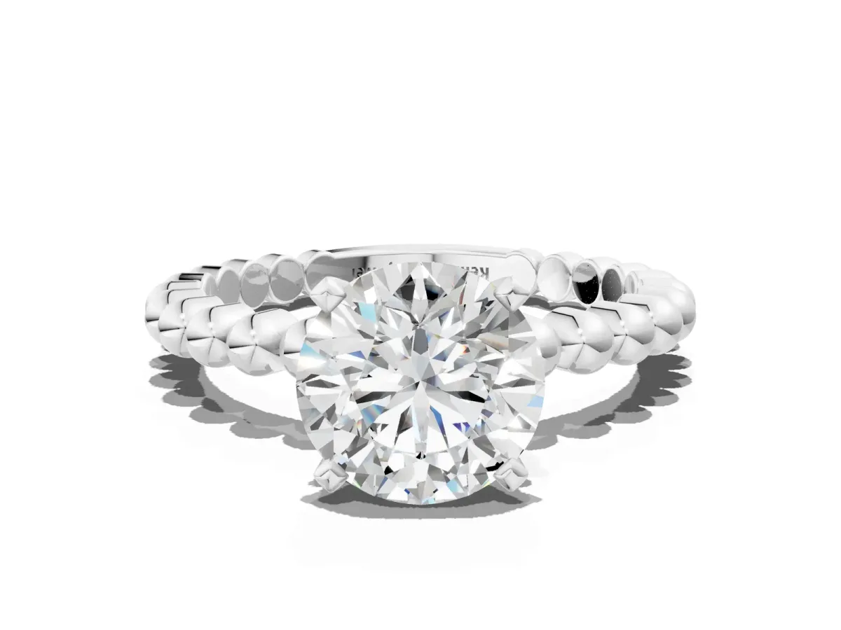 Round Cut Diamond Solitaire Ring with Beaded Band and Prong Setting Silver