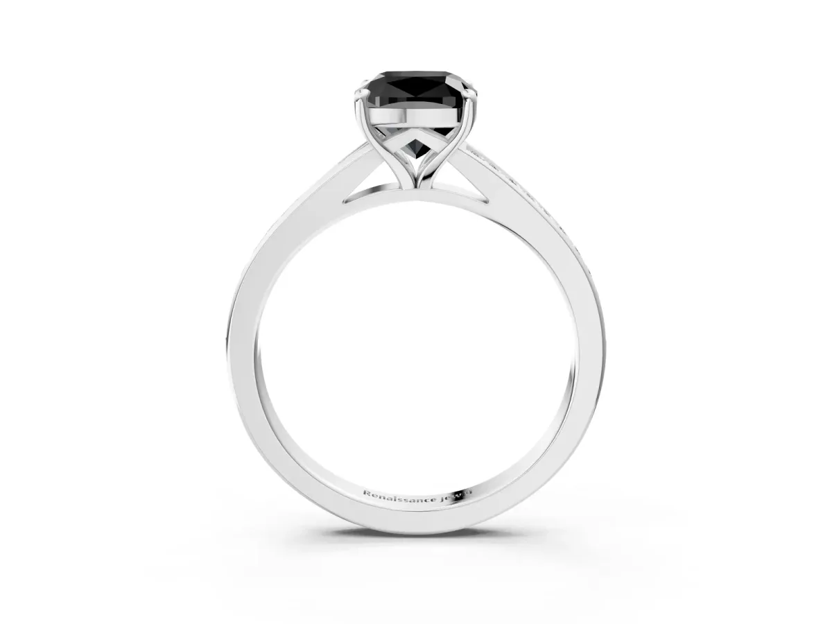 Fancy Black Cushion Cut Diamond Solitaire Ring with Pavé Band and Prong Setting Silver