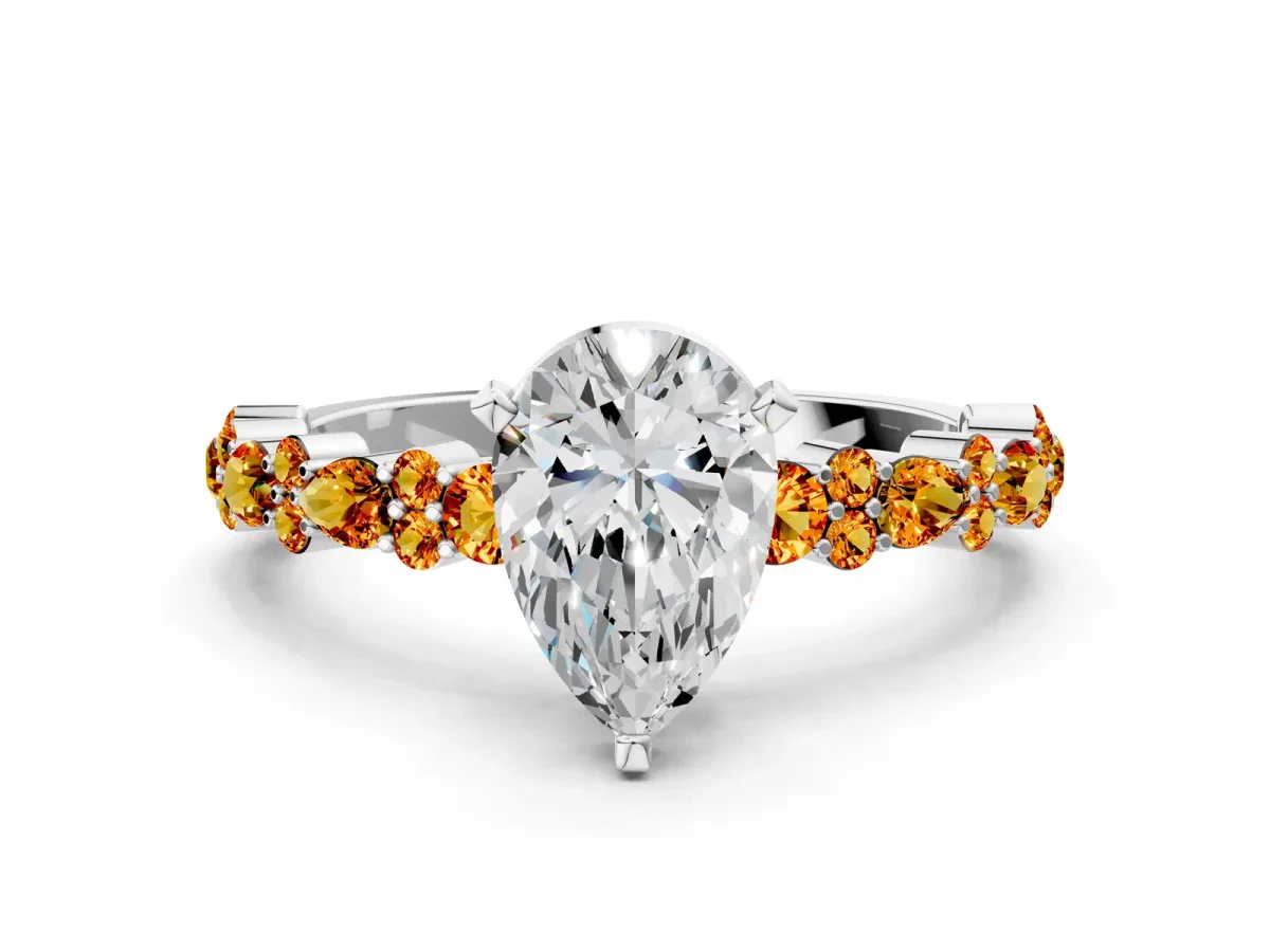 Pear Cut Diamond Side Stone Solitaire Ring with Round Citrine and Four-Prong Setting White gold