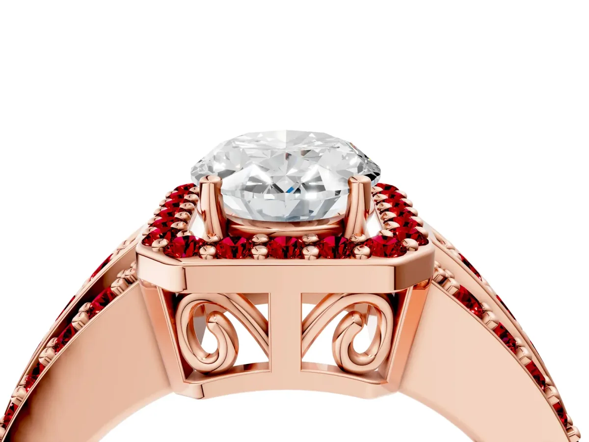 Oval Cut Halo Diamond Ring with Round Ruby Split Shank and Prong Setting Rose gold