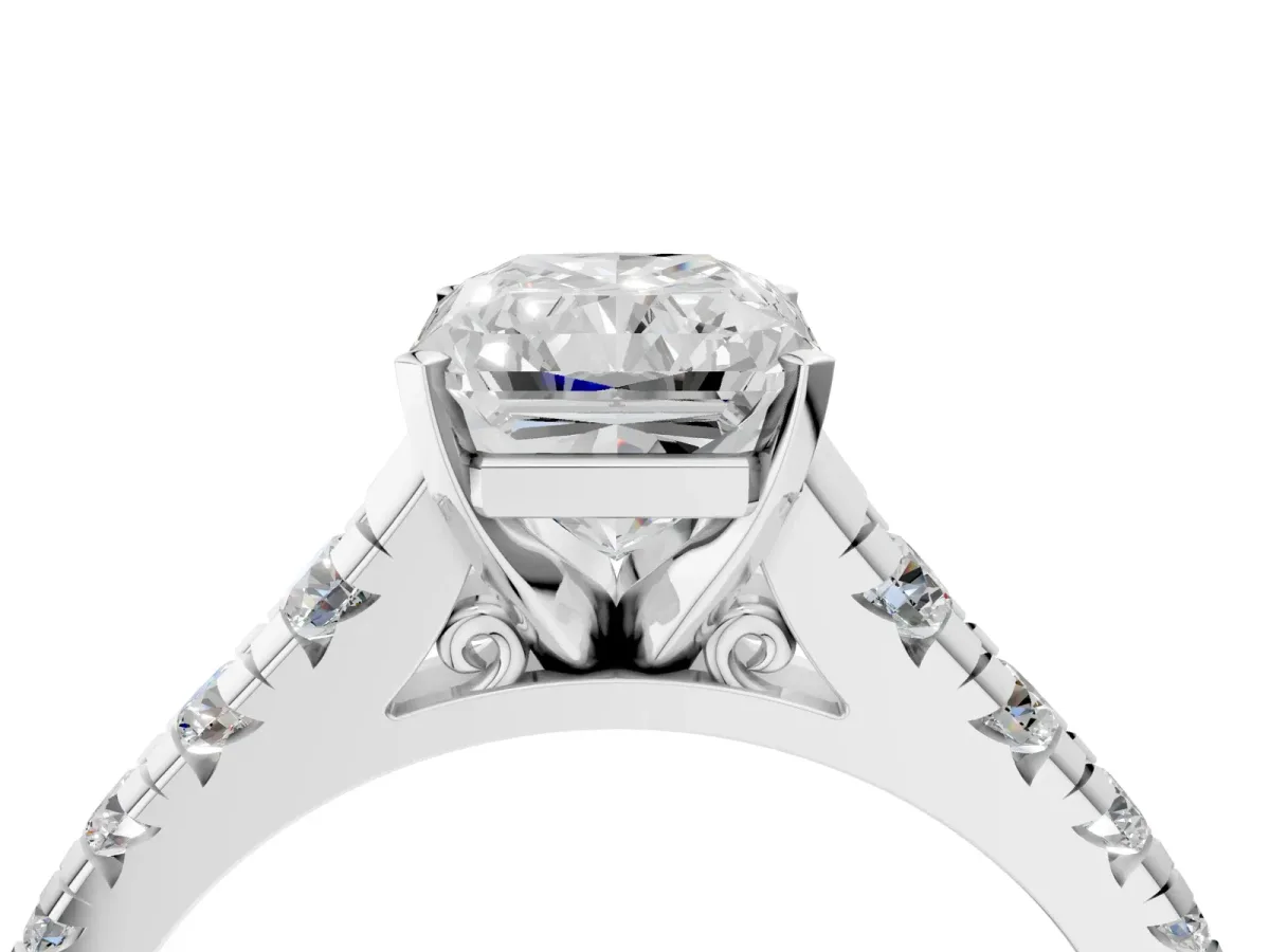Radiant Cut Diamond Cathedral Solitaire Ring with Round Pavé Band Platinum