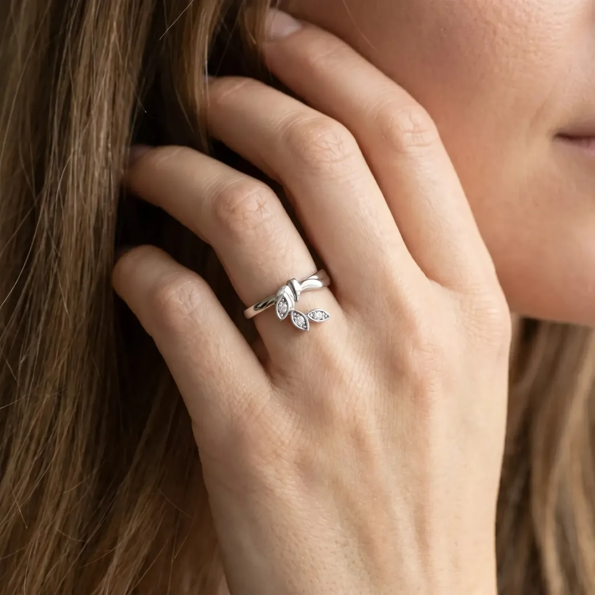 Three-Stone Round Diamond Leaf Bypass Ring with Bezel Setting Silver