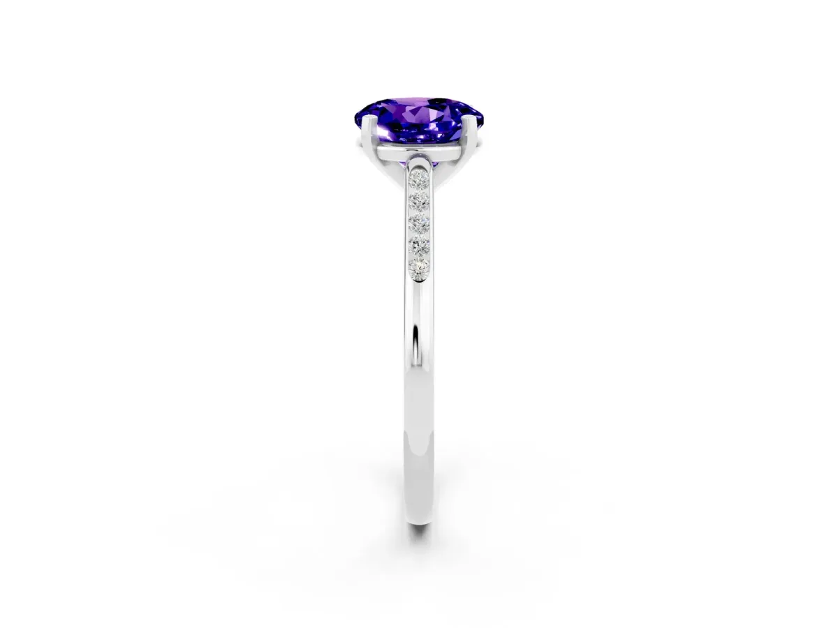 Round Cut Tanzanite Solitaire Ring with Channel Set Round Band and Prong Setting Silver