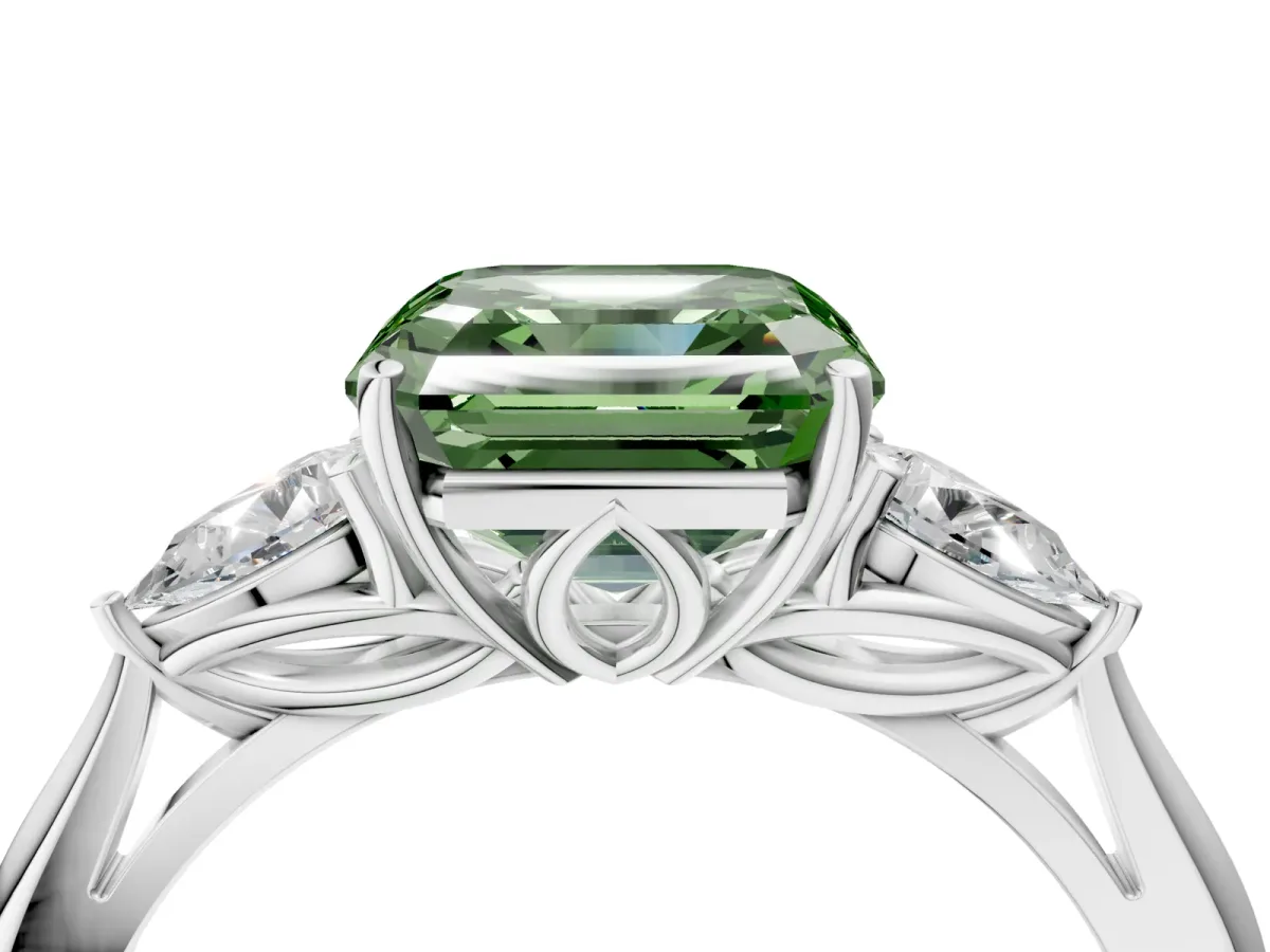 Fancy Green Three-Stone Asscher Cut Diamond Ring with Pear Side Stones in Four-Prong Setting Silver