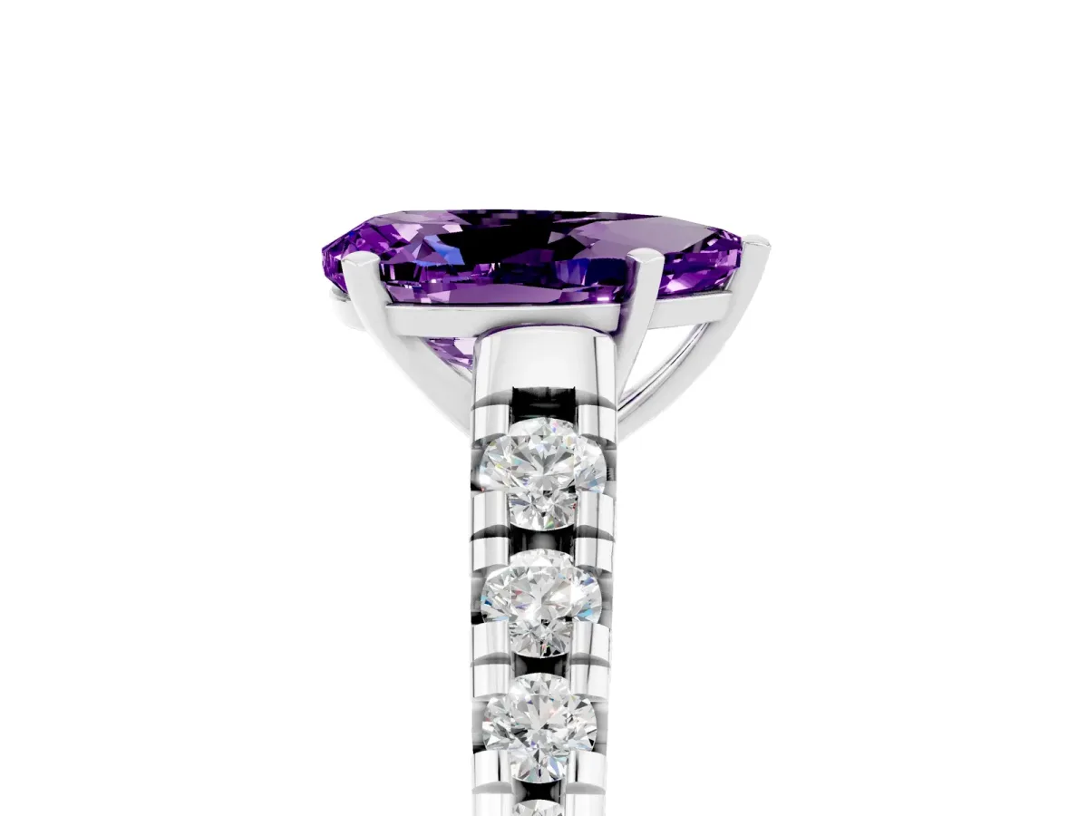 Pear Cut Amethyst Cathedral Solitaire Ring with Round Pavé Band White gold