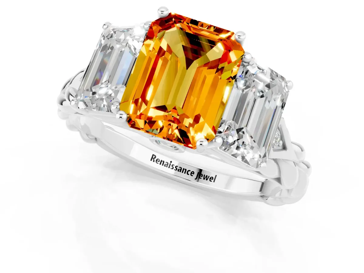 Three-Stone Emerald Cut Citrine Braided Band Ring with Four-Prong Setting Silver