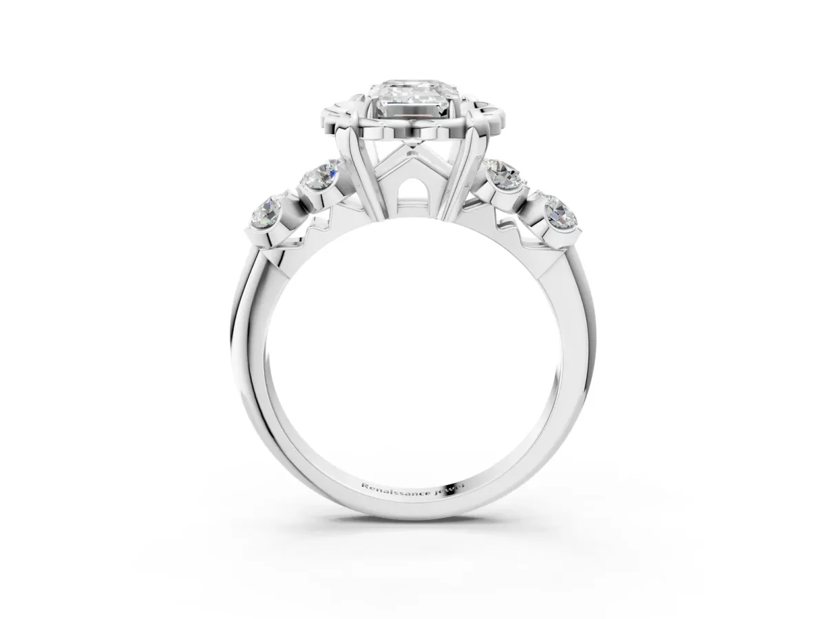 Emerald Cut Cut Diamond Floral Halo Engagement Ring with Shared Prong Setting Silver