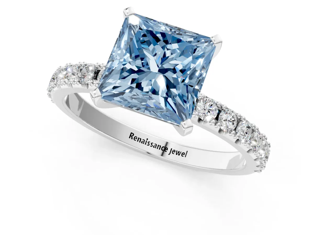 Fancy Blue Princess Cut Diamond Solitaire Pavé Band with Four-Prong Setting Silver
