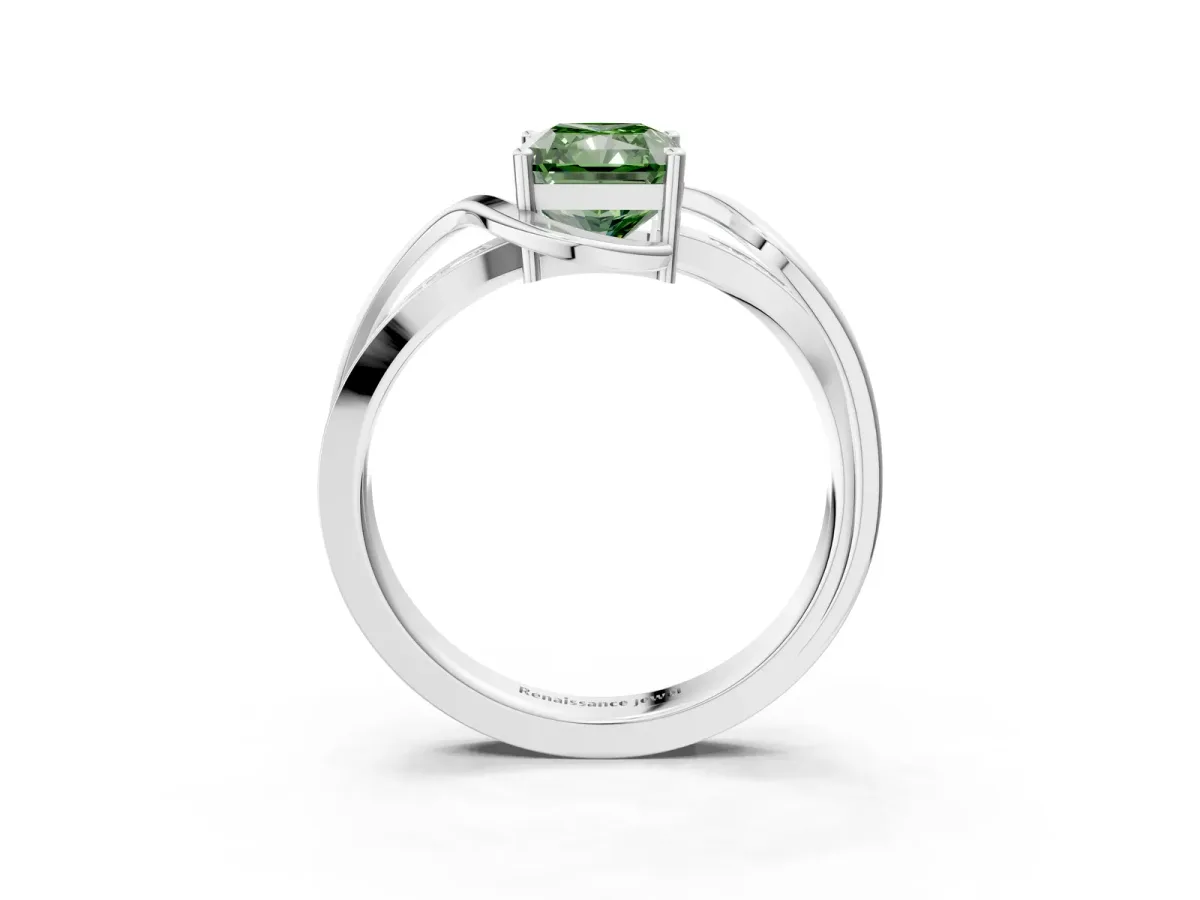 Fancy Green Radiant Cut Solitaire Twisted Band with Prong Setting Platinum