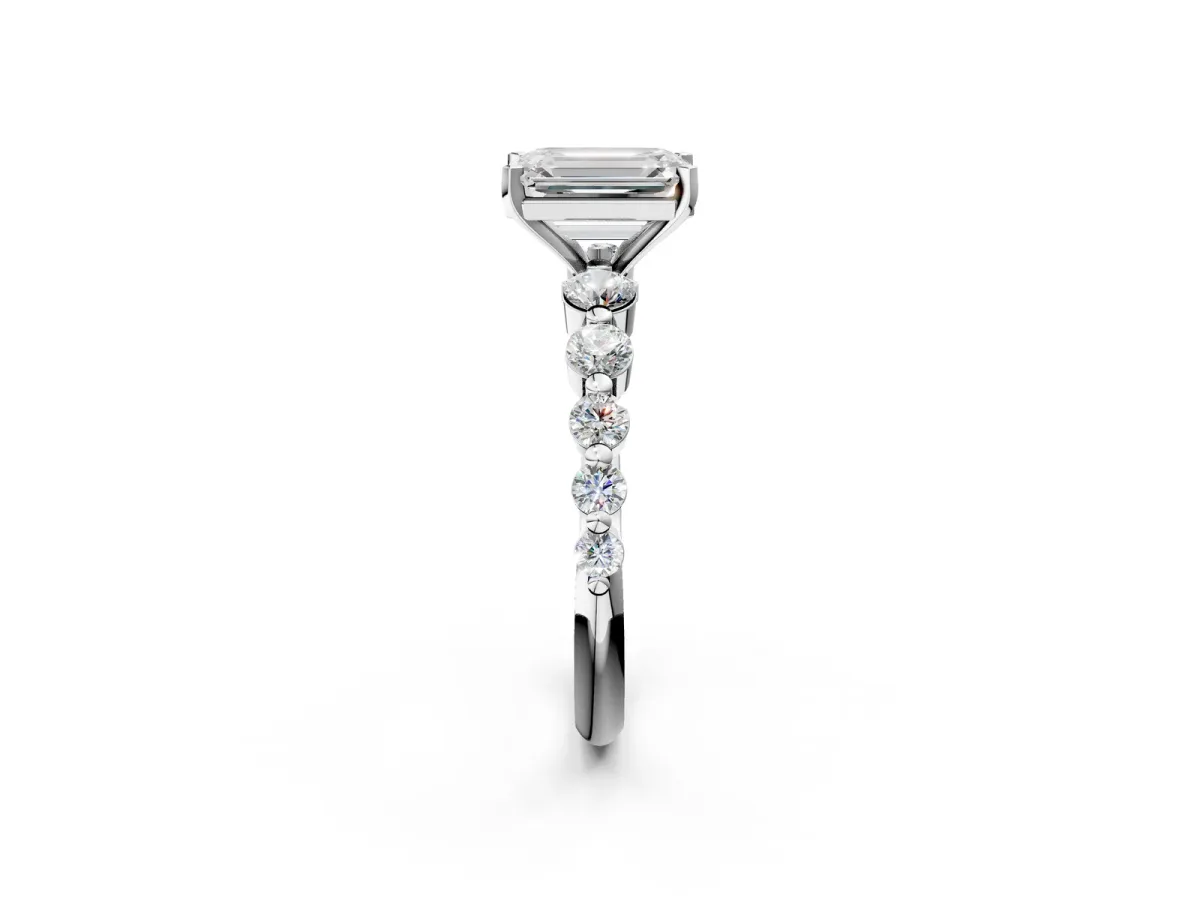 Emerald Cut Solitaire Diamond Ring with Pave Band and Four-Prong Setting Platinum