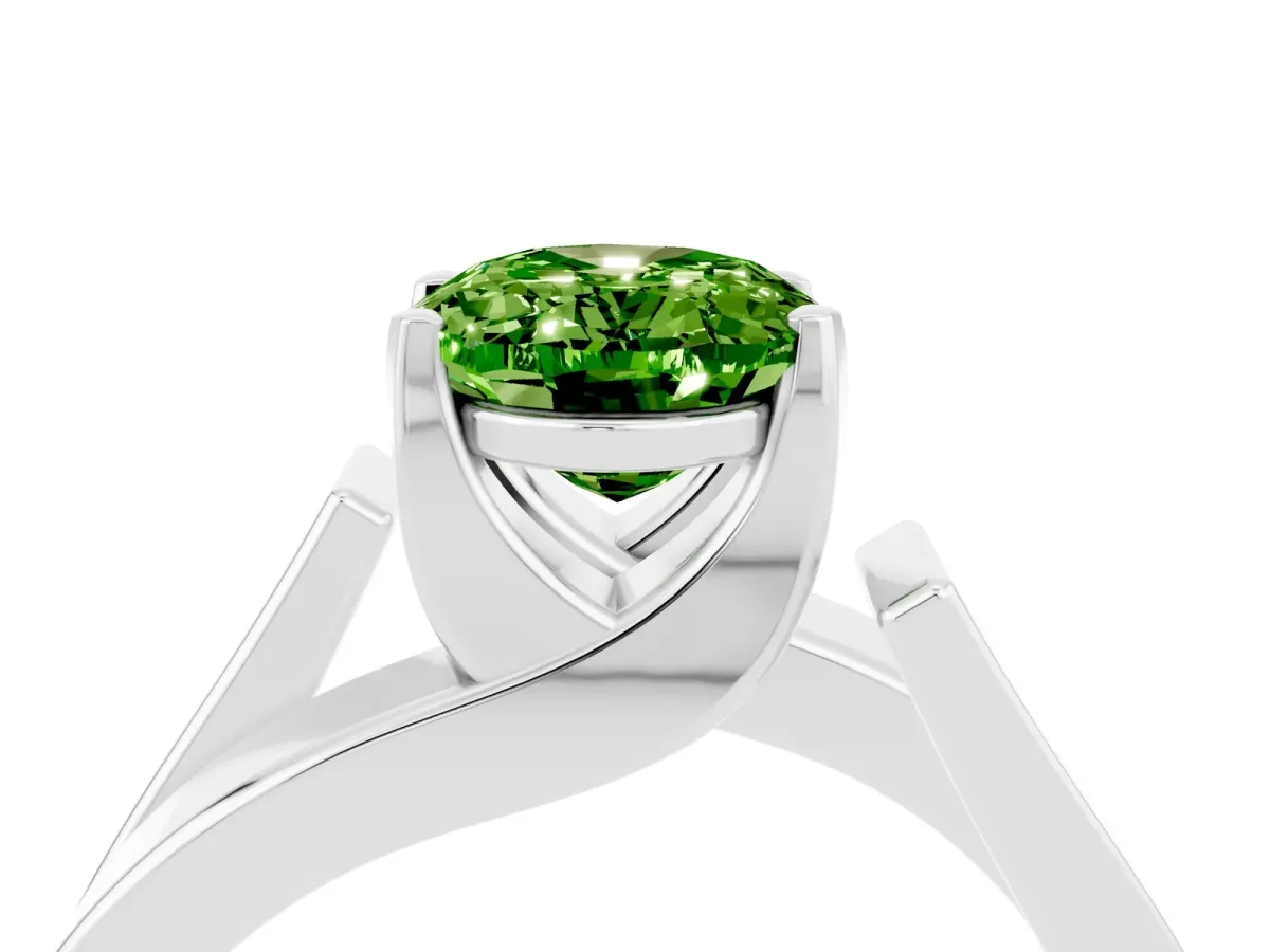 Modern Tension Set Oval Cut Peridot Solitaire Wide Band Ring Platinum