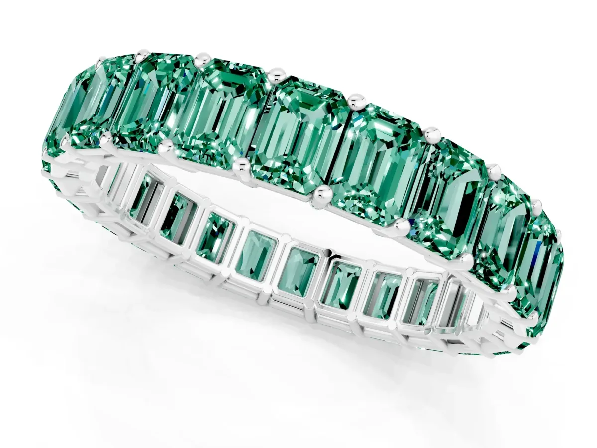 Emerald Cut Green Sapphire Eternity Band with Shared Prong Setting Platinum