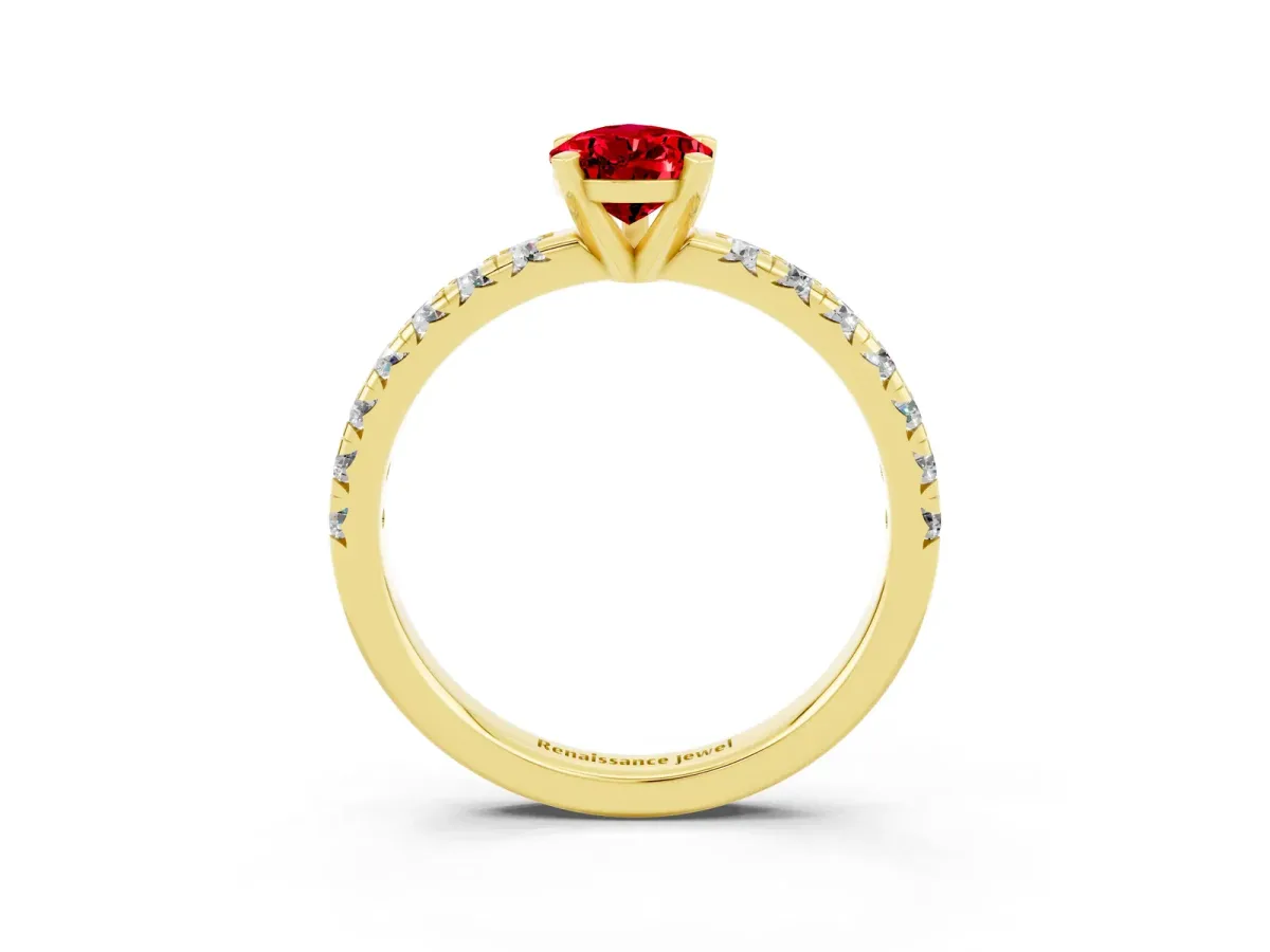 Pear Cut Ruby Solitaire Pavé Engagement Ring with Round Band and Prong Setting Yellow gold